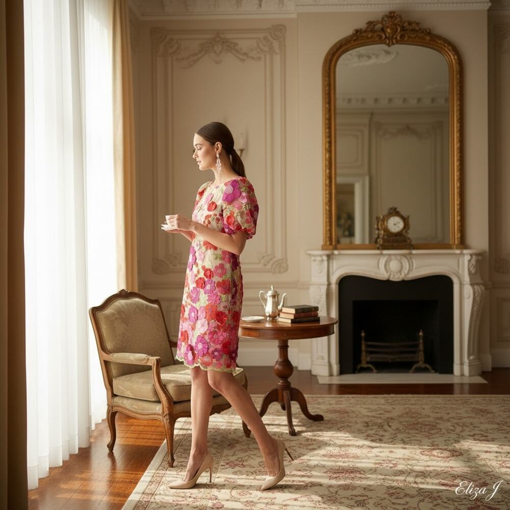 Eliza J Pink Multi 3D Floral Appliqué Embroidered Dress Size 4 NWT Zip Closure - Picture 2 of 12